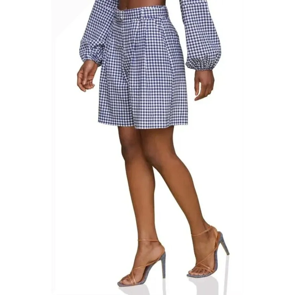 New Avec Les Filles Gingham‎ Linen Blend Belted Shorts Navy Blue White Size 8